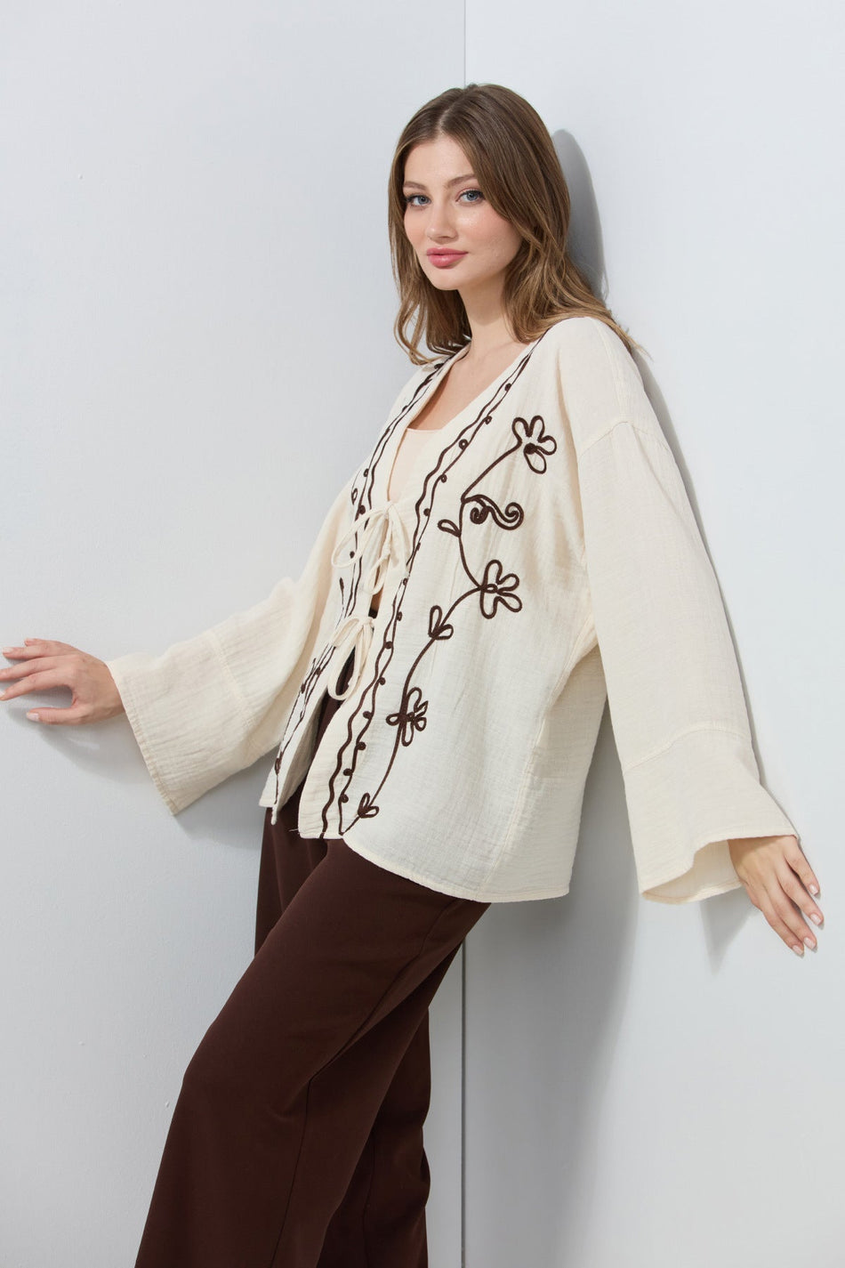 Embroidered Front Lace-Up Linen Look Kimono - MALLTURK