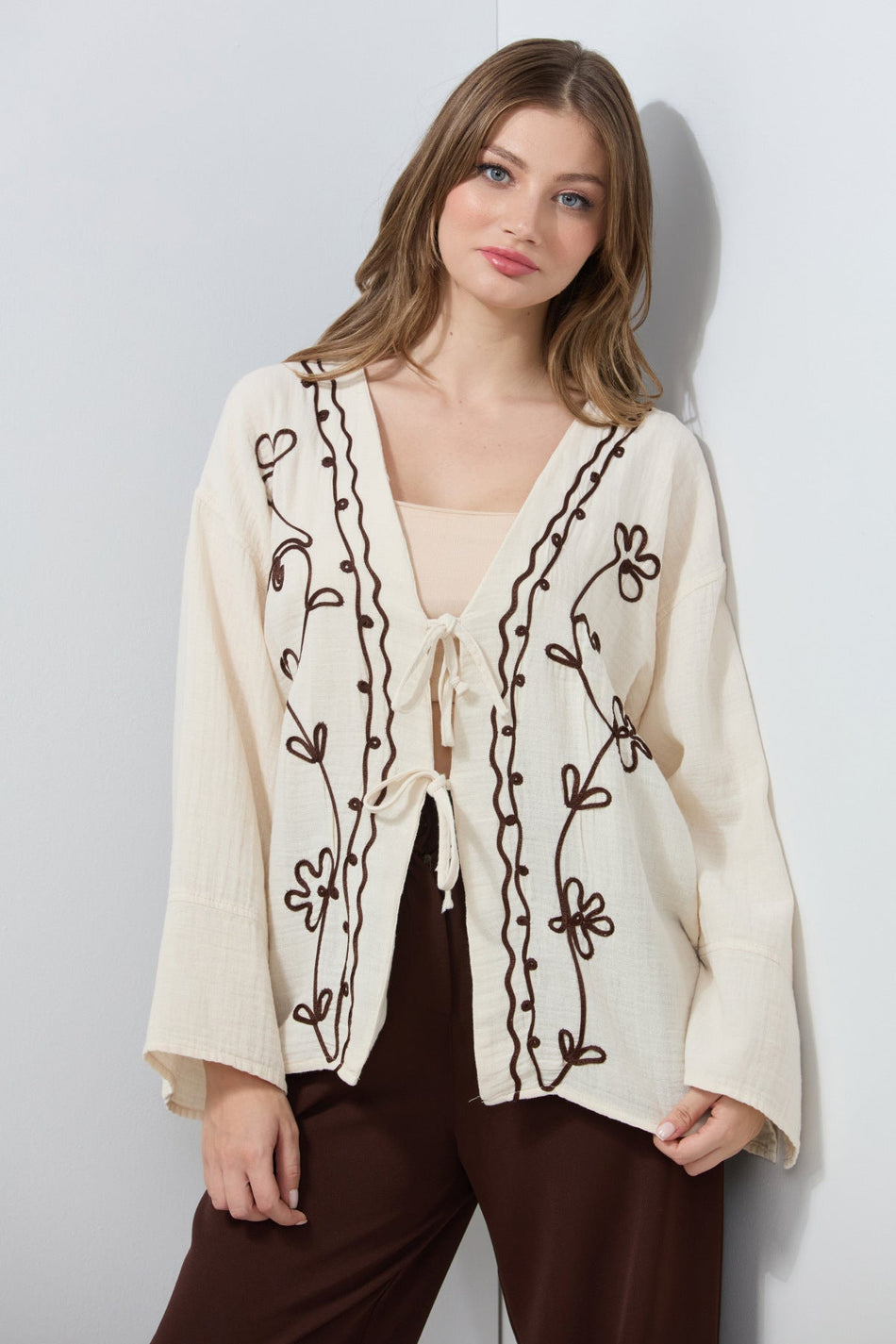 Embroidered Front Lace-Up Linen Look Kimono - MALLTURK