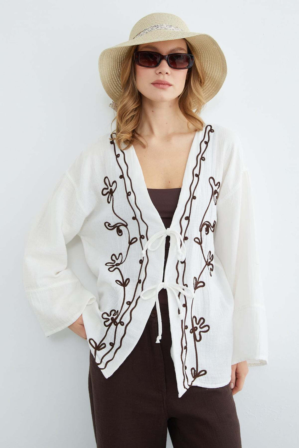 Embroidered Front Lace-Up Linen Look Kimono - MALLTURK
