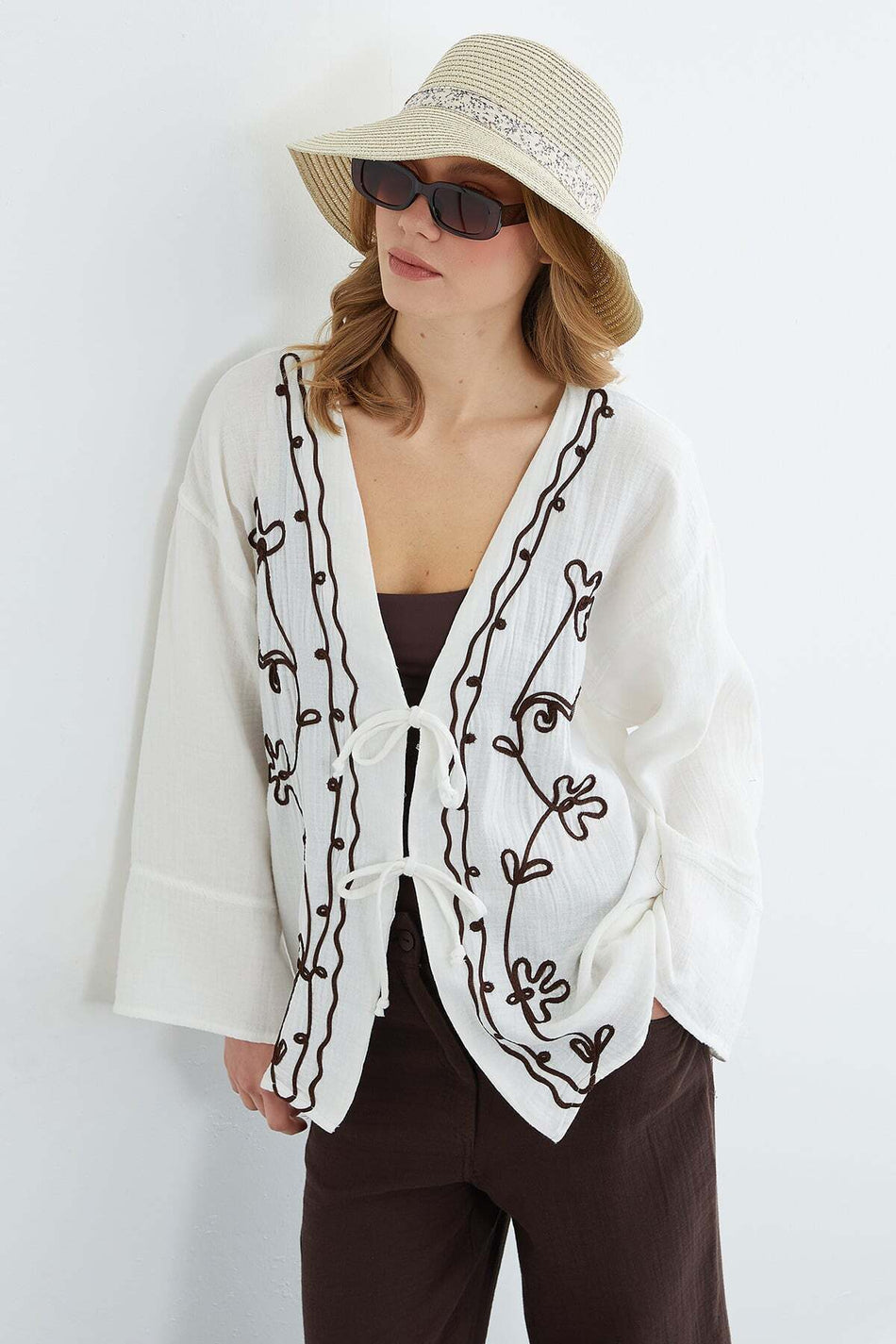 Embroidered Front Lace-Up Linen Look Kimono - MALLTURK
