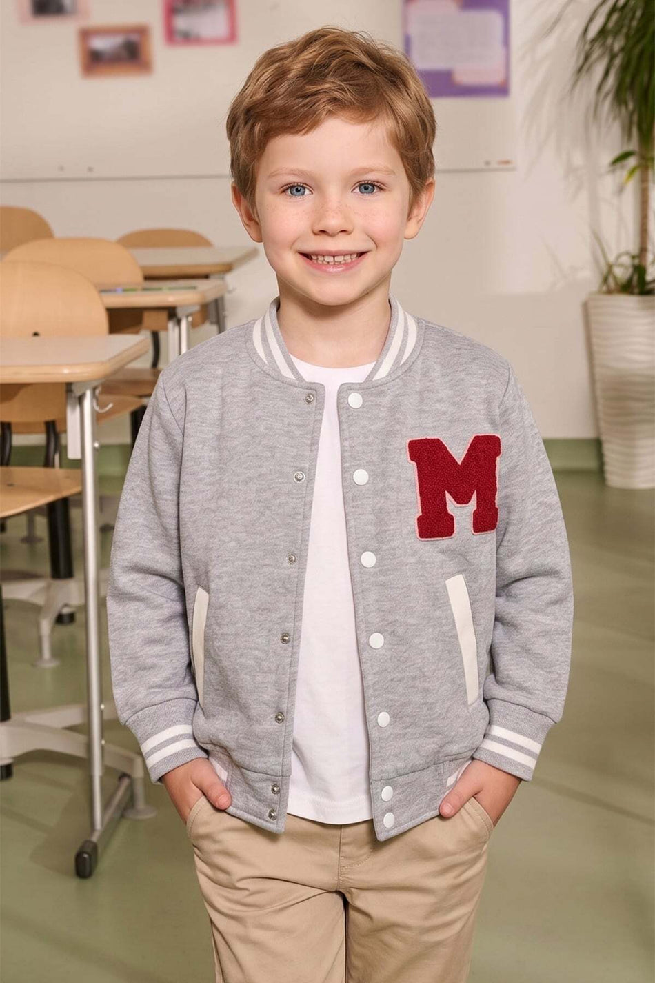 Embroidered Stand Collar College Unisex Kids Jacket - MALLTURK