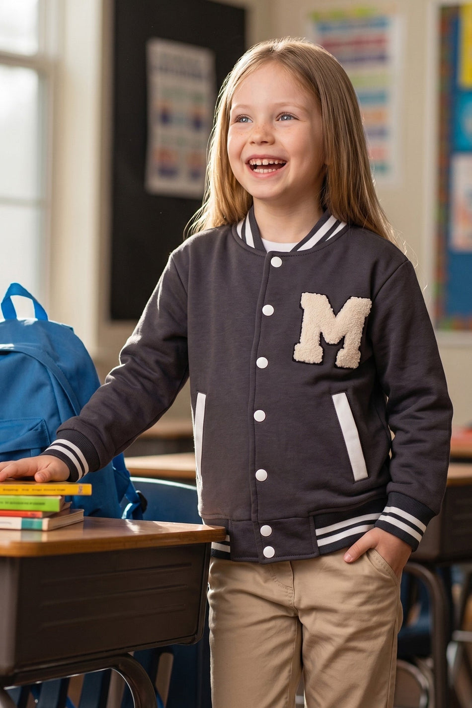 Embroidered Stand Collar College Unisex Kids Jacket - MALLTURK