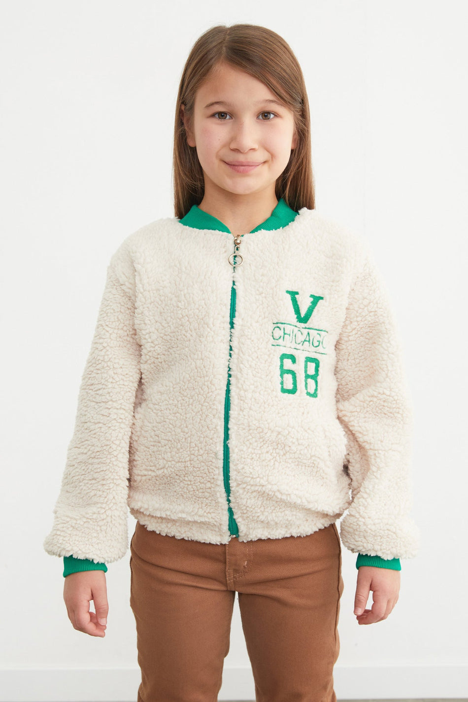Embroidered Zippered Plush Unisex Children's College Coat - MALLTURK