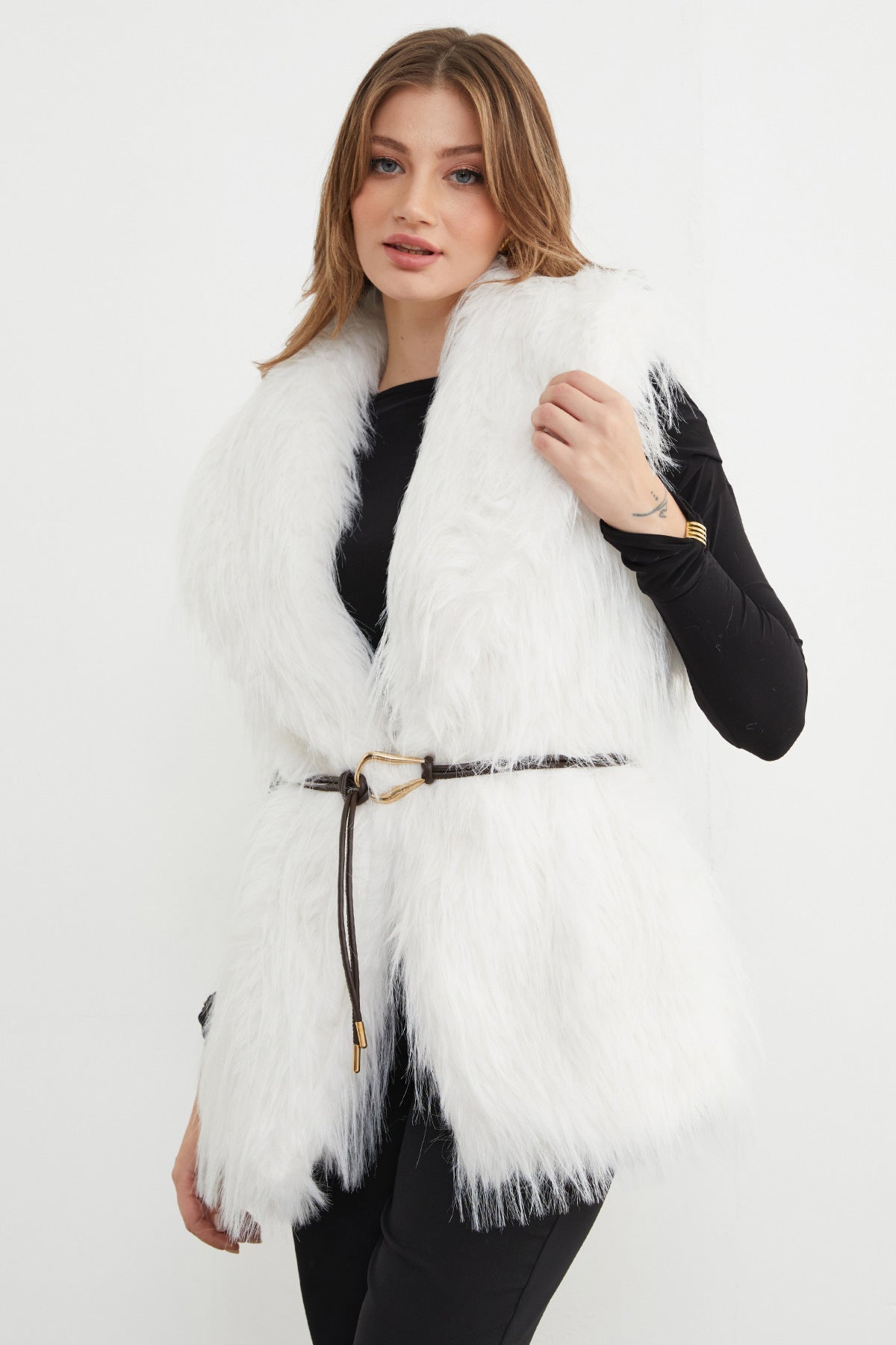 Faux Fur Vest with Belt Detail - MALLTURK