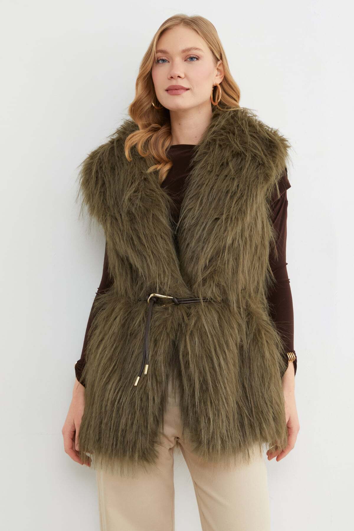 Faux Fur Vest with Belt Detail - MALLTURK