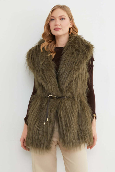 Faux Fur Vest with Belt Detail - MALLTURK