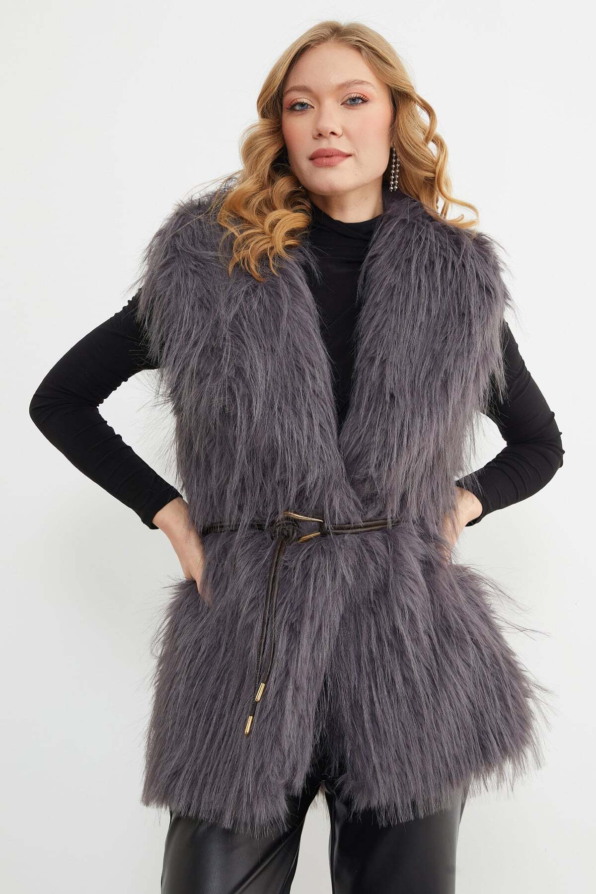 Faux Fur Vest with Belt Detail - MALLTURK