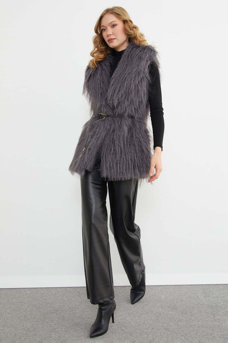Faux Fur Vest with Belt Detail - MALLTURK