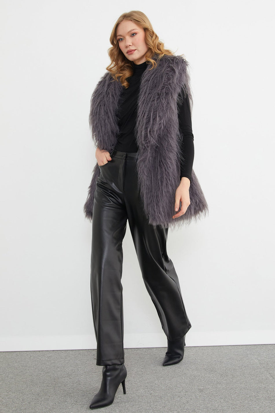 Faux Fur Vest with Belt Detail - MALLTURK