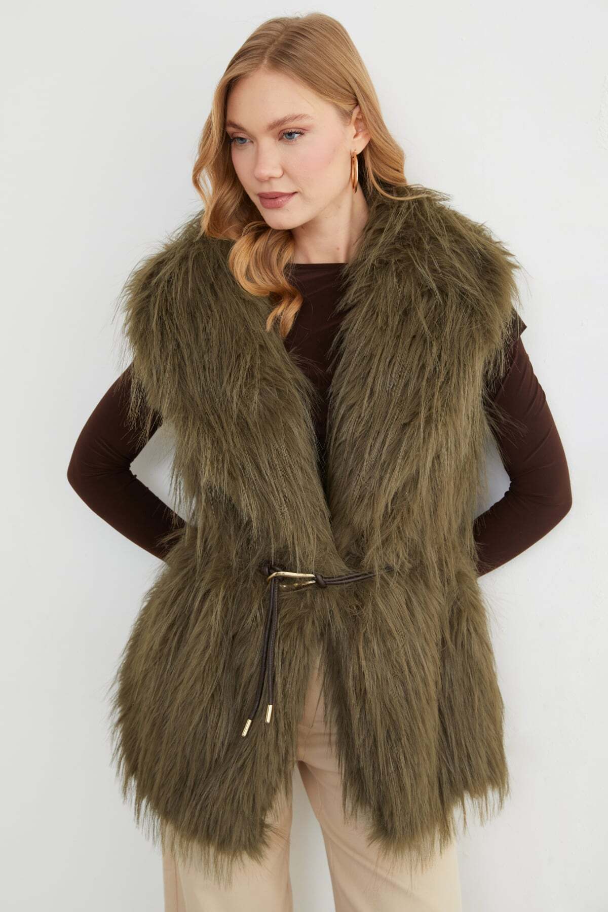 Faux Fur Vest with Belt Detail - MALLTURK