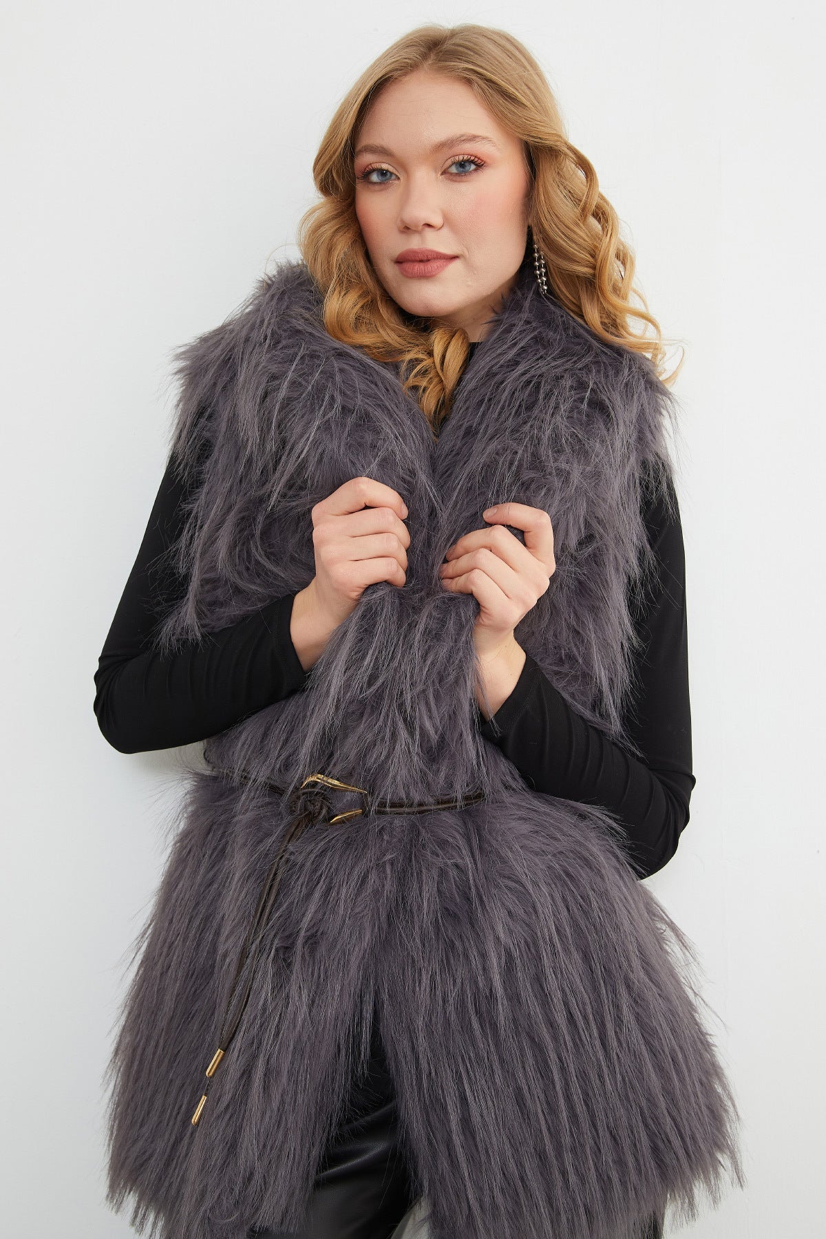 Faux Fur Vest with Belt Detail - MALLTURK