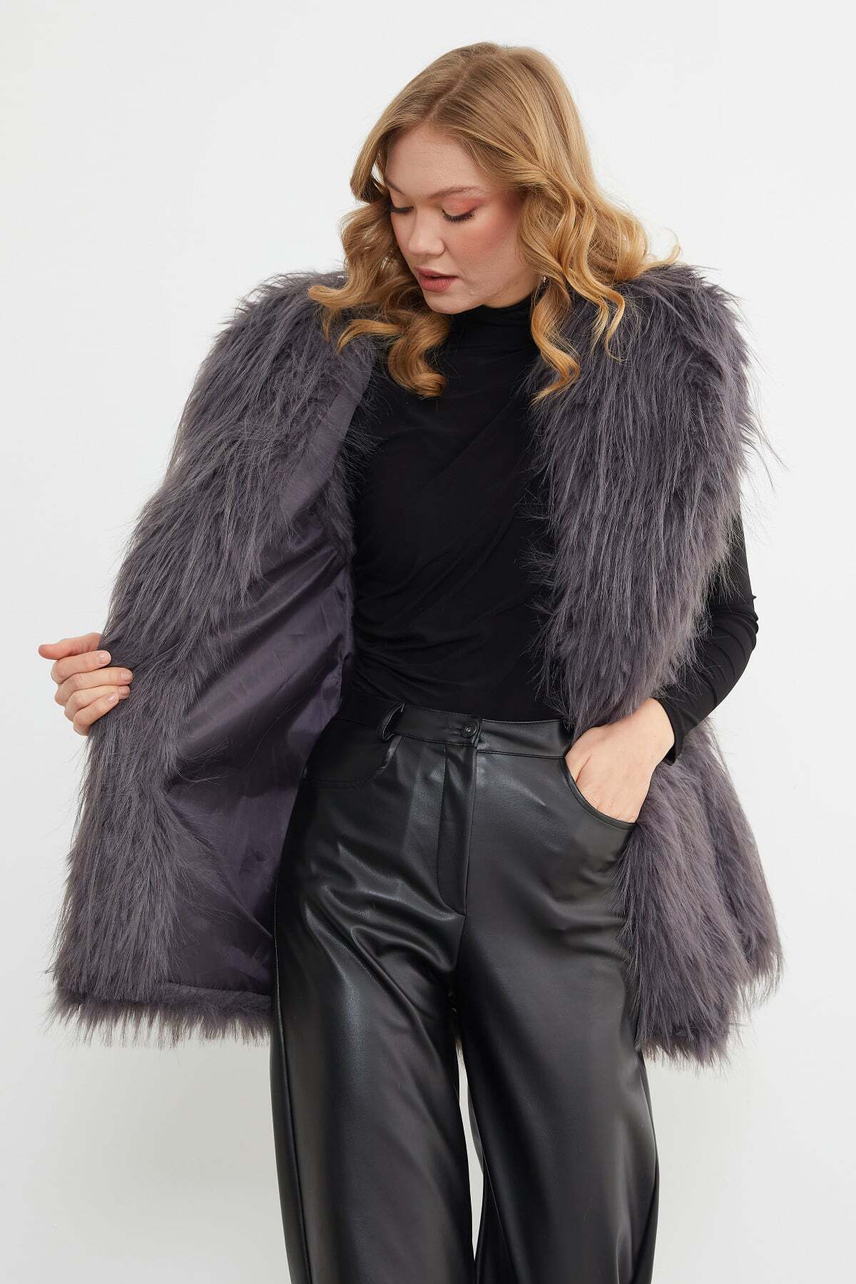 Faux Fur Vest with Belt Detail - MALLTURK