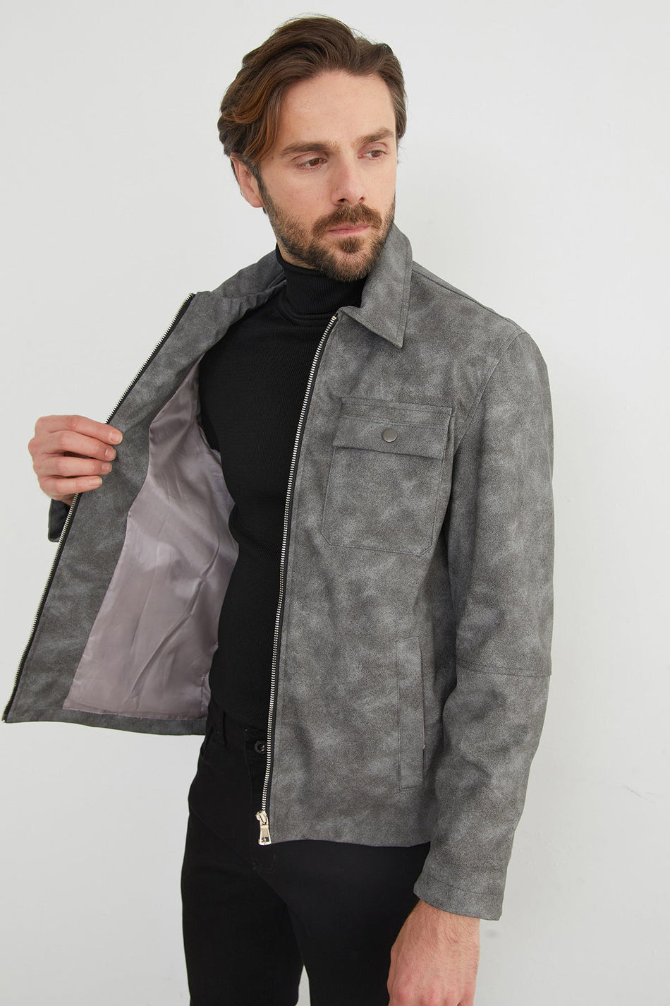 Faux Leather Jacket with Pockets - MALLTURK