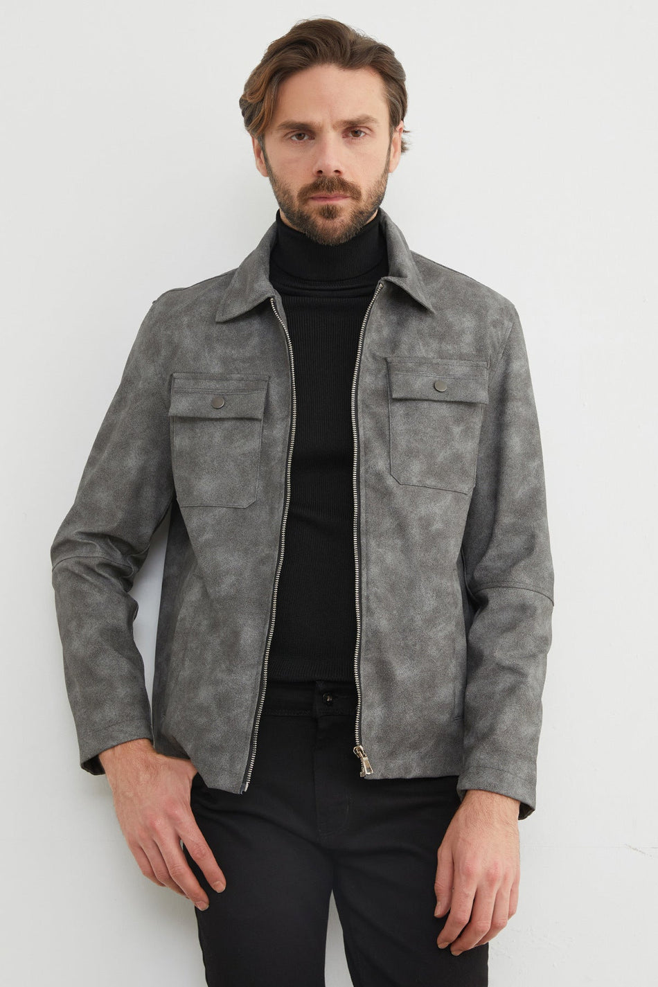 Faux Leather Jacket with Pockets - MALLTURK