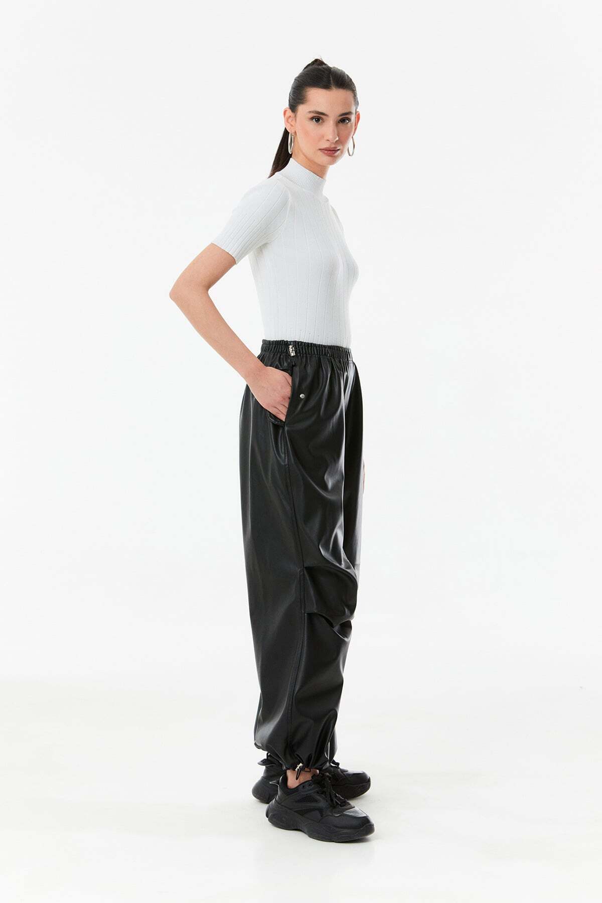 Faux Leather Palazzo Trousers with Stopped Waist - MALLTURK