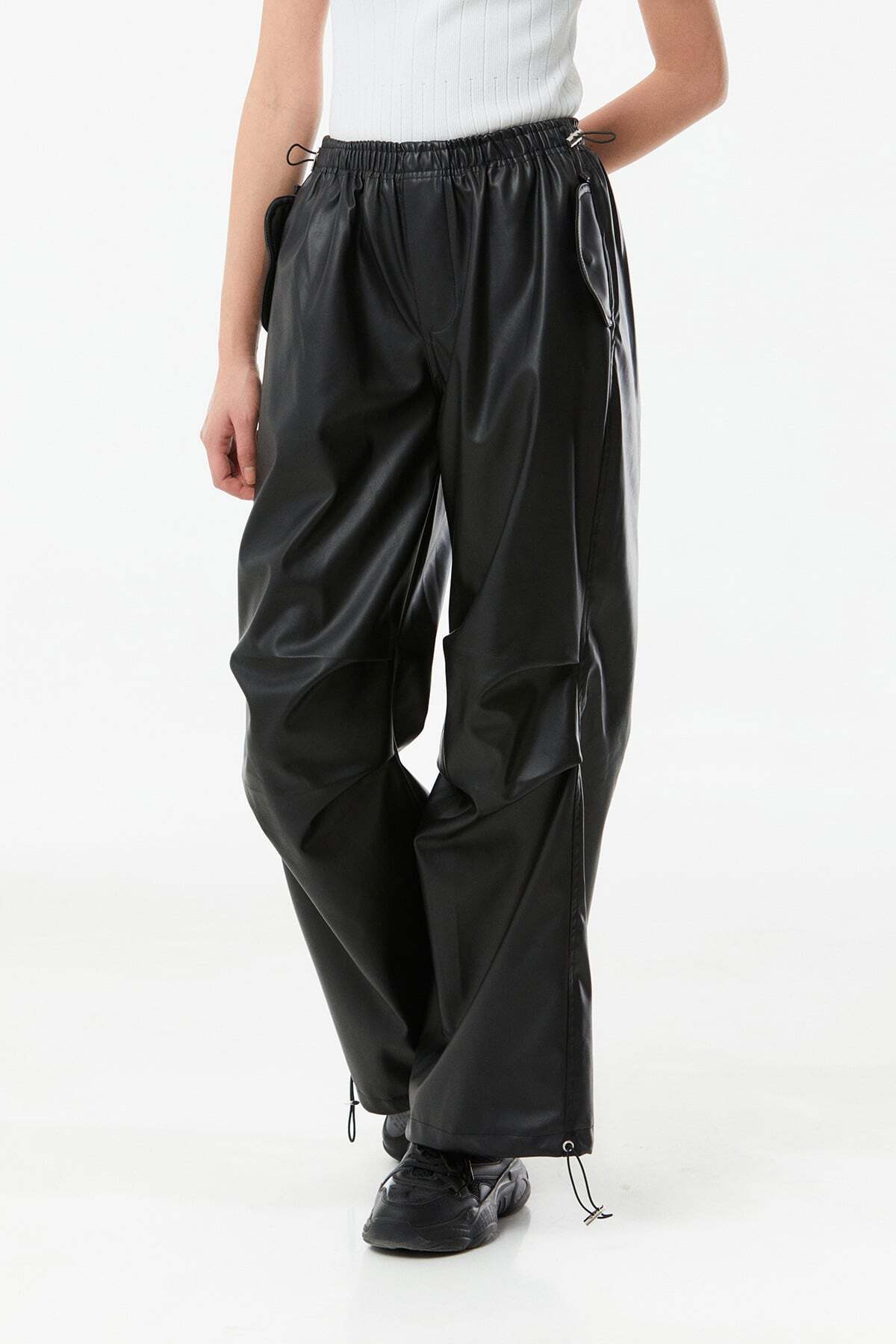 Faux Leather Palazzo Trousers with Stopped Waist - MALLTURK