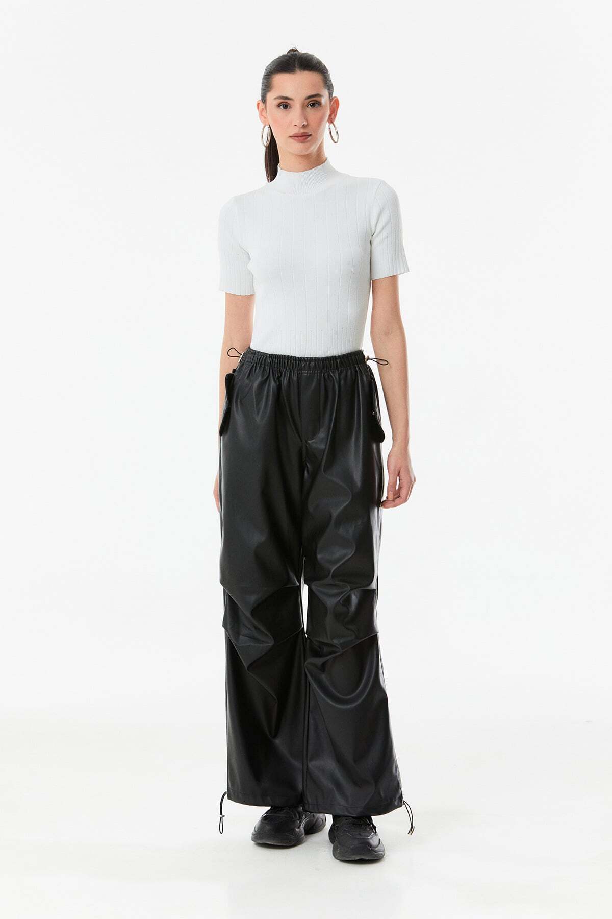 Faux Leather Palazzo Trousers with Stopped Waist - MALLTURK