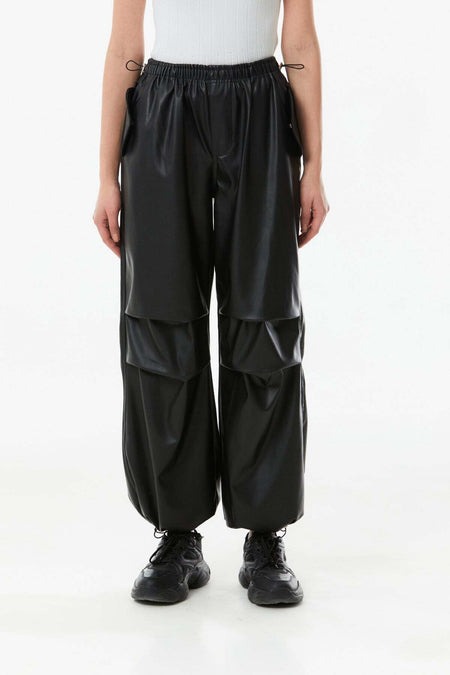 Faux Leather Palazzo Trousers with Stopped Waist - MALLTURK