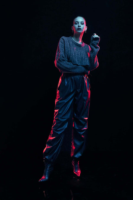 Faux Leather Palazzo Trousers with Stopped Waist - MALLTURK