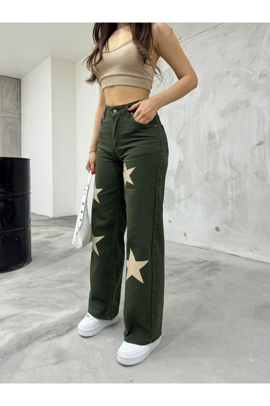 Flocked Star Print Wide Leg Straight Fit Jeans Khaki - MALLTURK