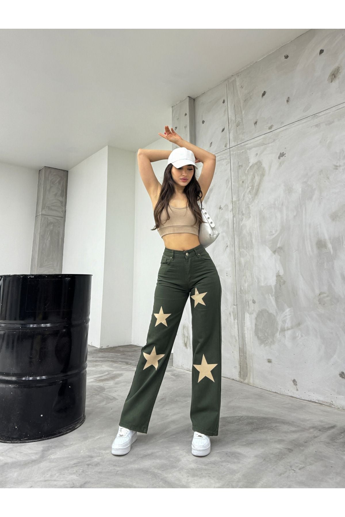 Flocked Star Print Wide Leg Straight Fit Jeans Khaki - MALLTURK