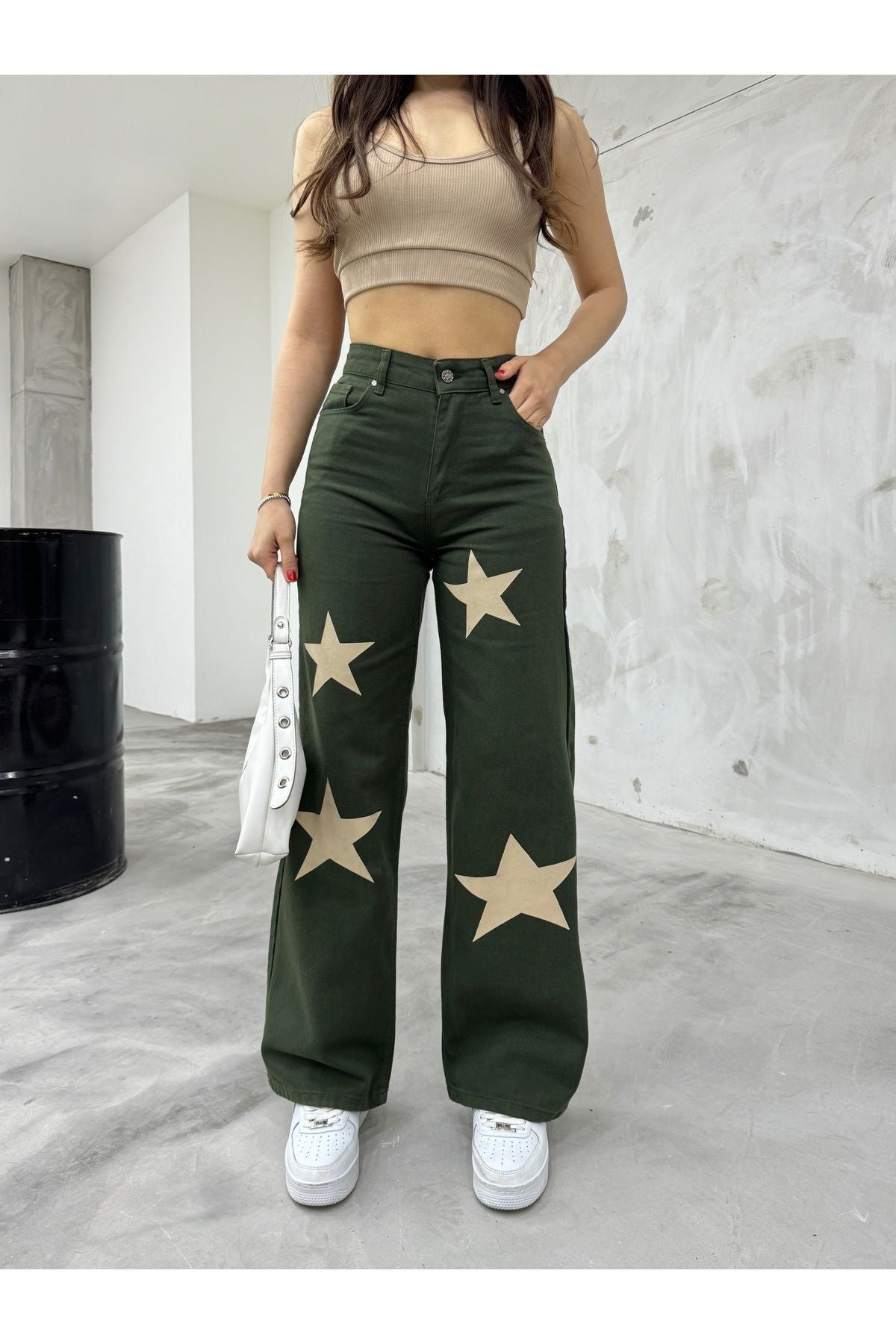 Flocked Star Print Wide Leg Straight Fit Jeans Khaki - MALLTURK