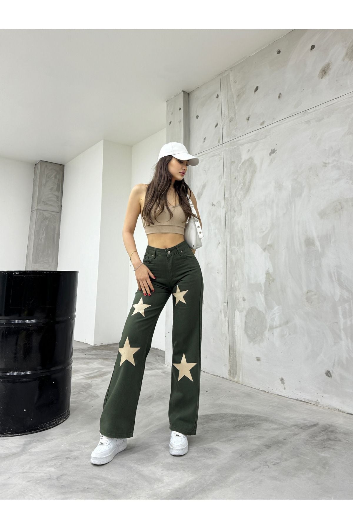 Flocked Star Print Wide Leg Straight Fit Jeans Khaki - MALLTURK