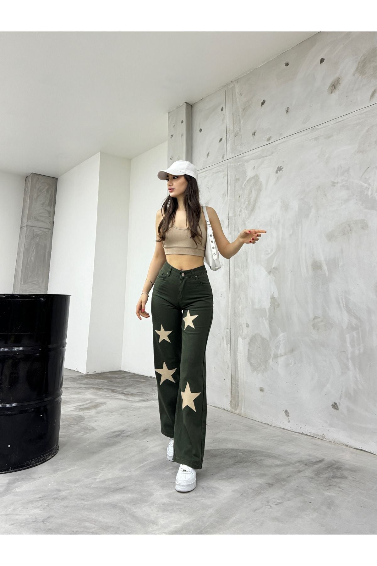 Flocked Star Print Wide Leg Straight Fit Jeans Khaki - MALLTURK
