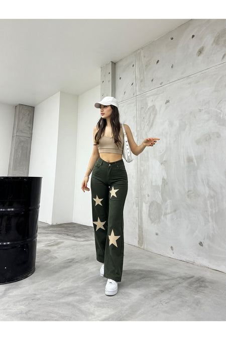 Flocked Star Print Wide Leg Straight Fit Jeans Khaki - MALLTURK