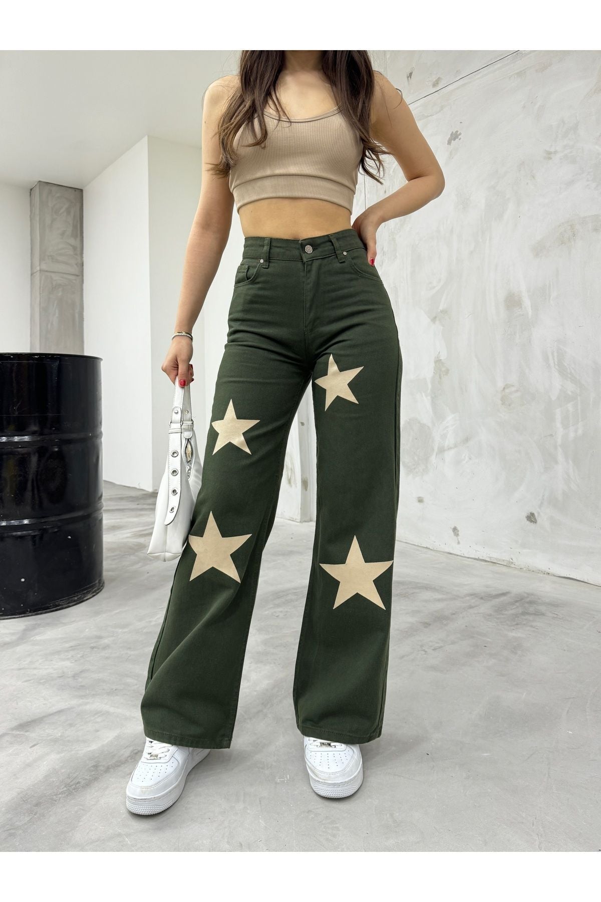 Flocked Star Print Wide Leg Straight Fit Jeans Khaki - MALLTURK
