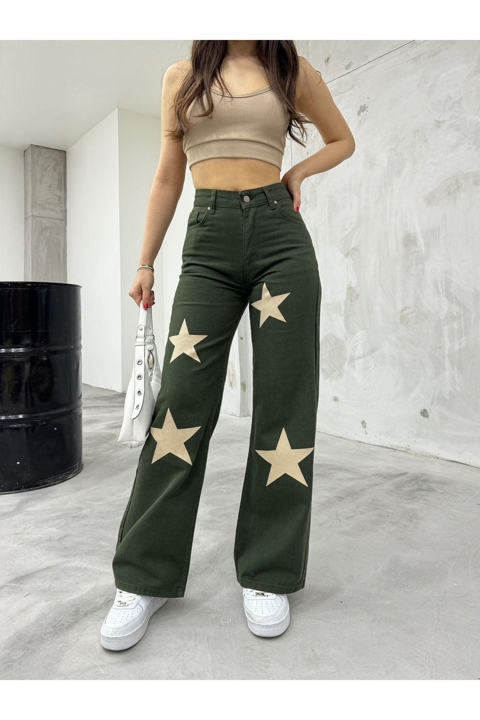 Flocked Star Print Wide Leg Straight Fit Jeans Khaki - MALLTURK