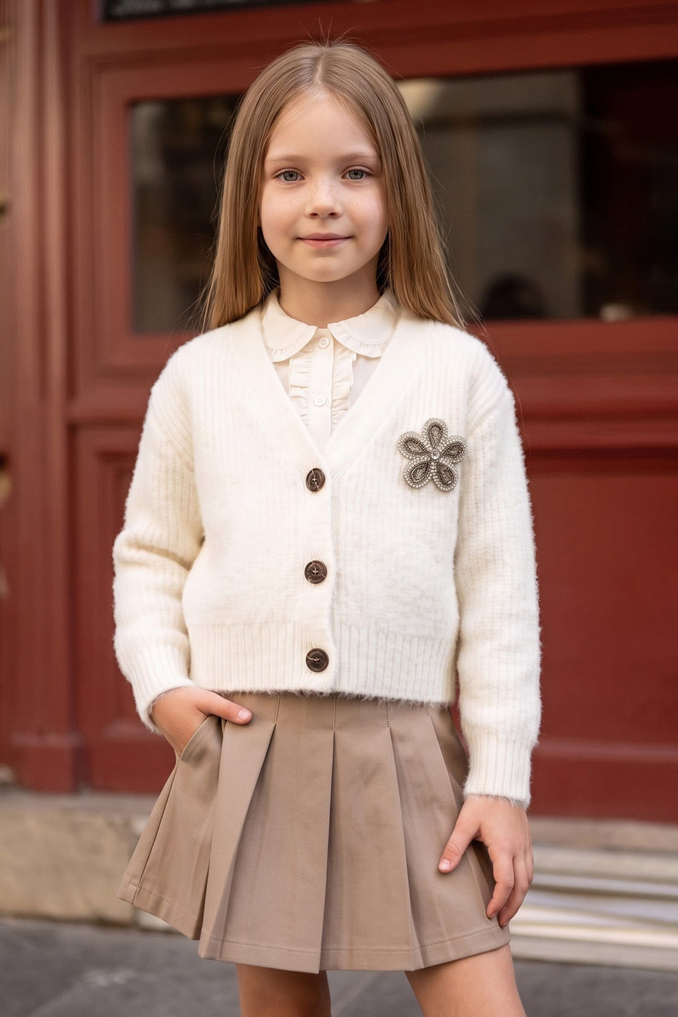 Floral Embroidered Stoned V-Neck Girls' Knitwear Cardigan - MALLTURK