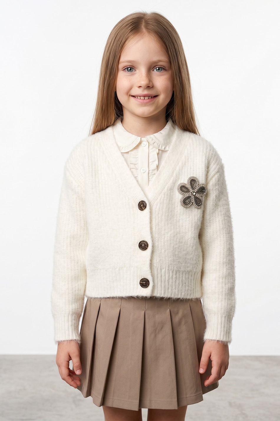Floral Embroidered Stoned V-Neck Girls' Knitwear Cardigan - MALLTURK