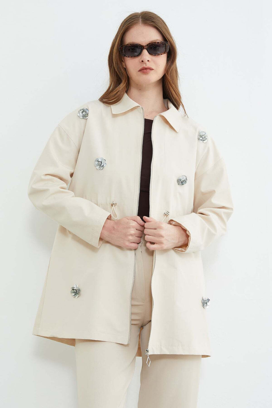 Floral Embroidered Trench Coat with Elastic Waist - MALLTURK