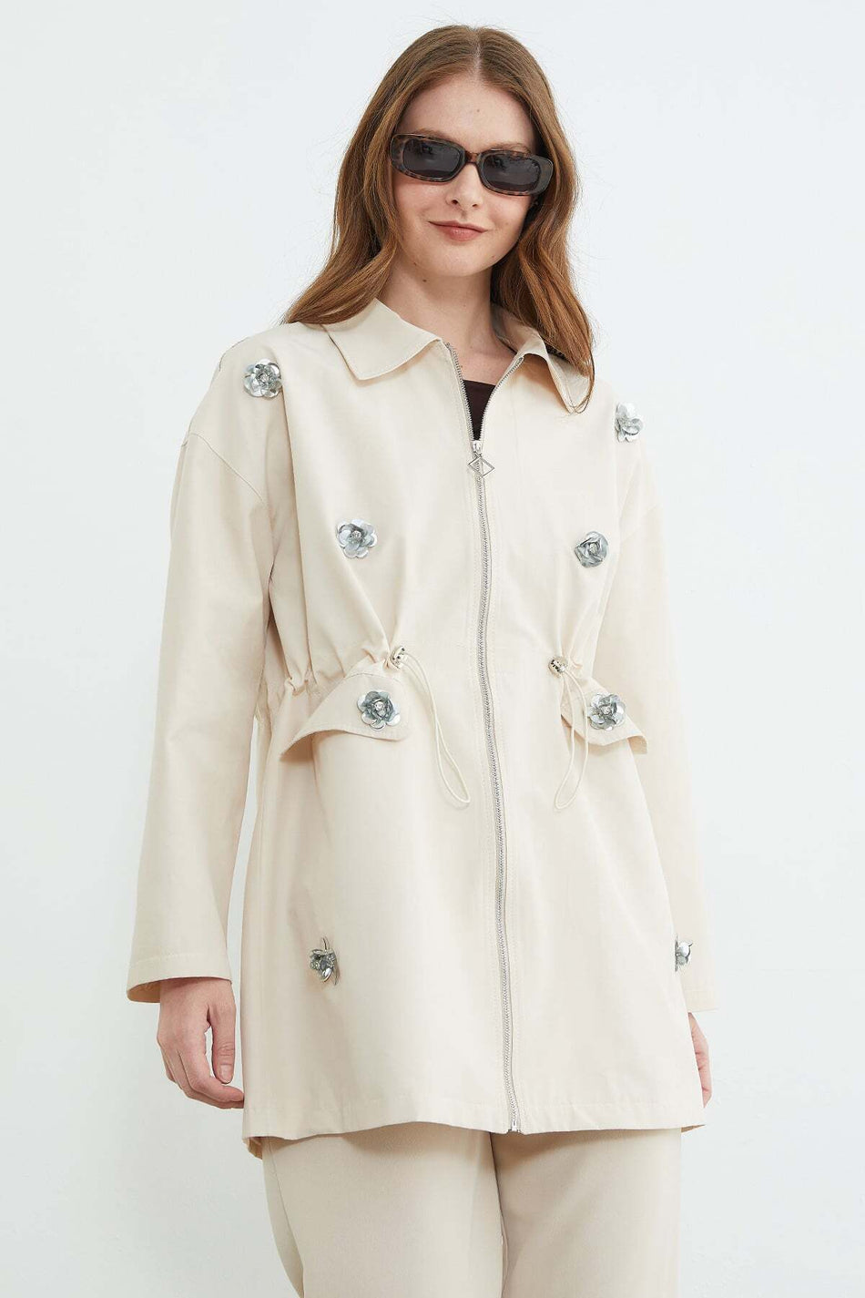 Floral Embroidered Trench Coat with Elastic Waist - MALLTURK