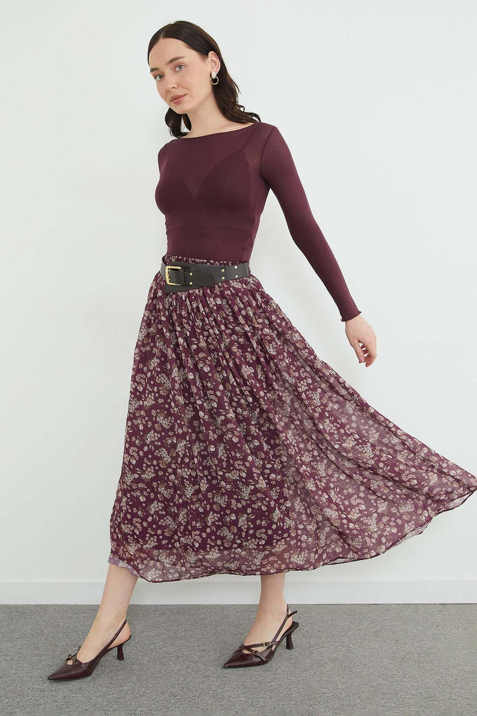 Floral Patterned Maxi Length Chiffon Skirt with Belt - MALLTURK