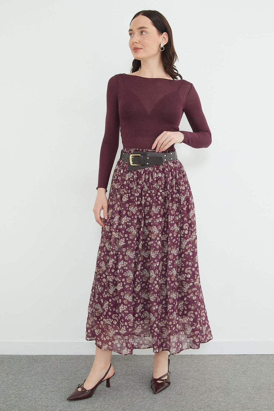 Floral Patterned Maxi Length Chiffon Skirt with Belt - MALLTURK