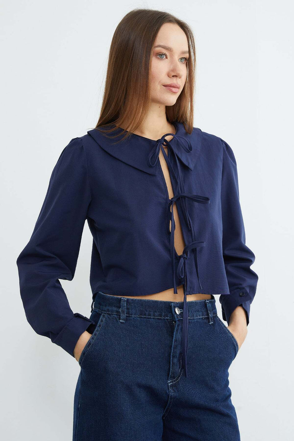Front Tie Baby Collar Crop Blouse - MALLTURK