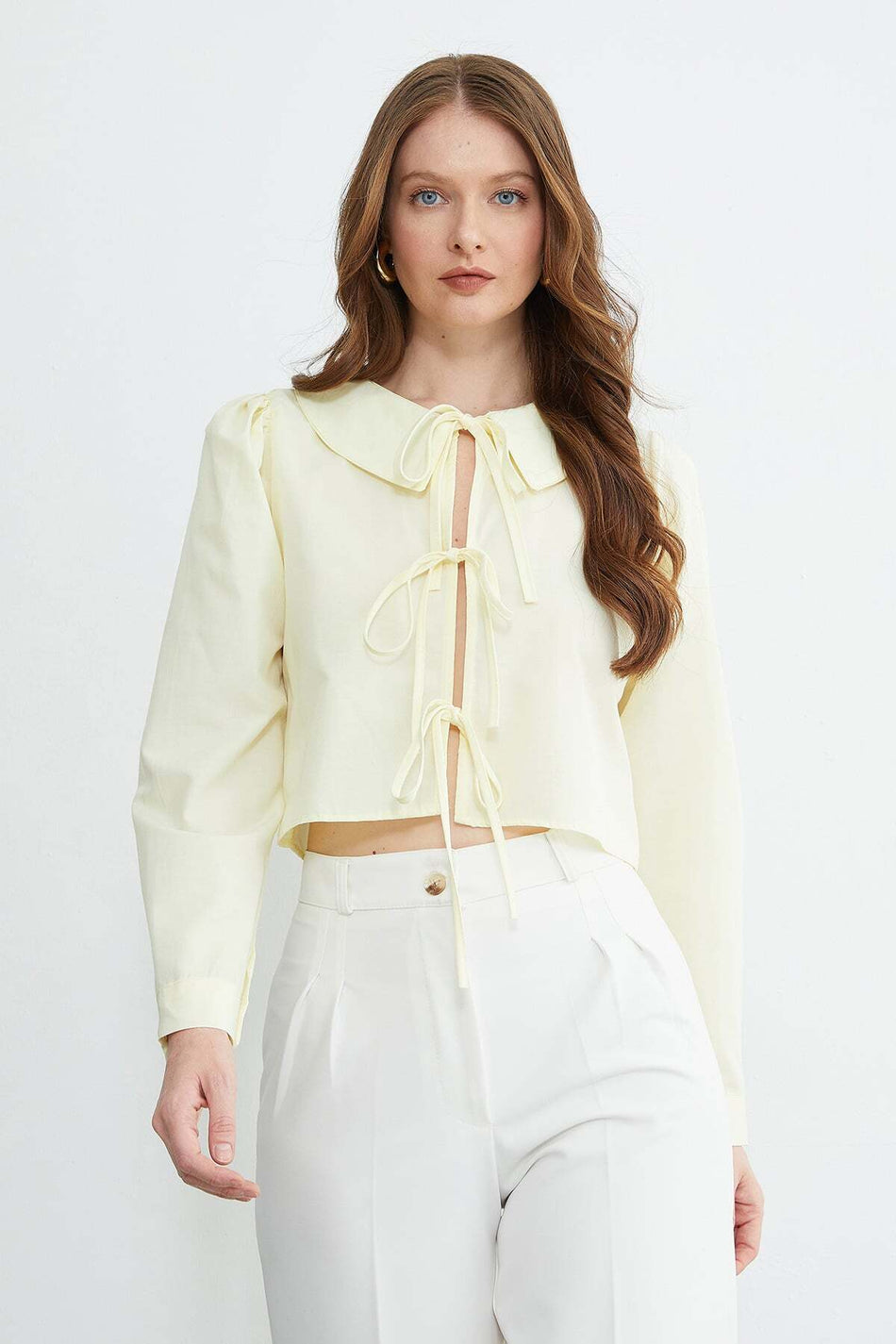 Front Tie Baby Collar Crop Blouse - MALLTURK