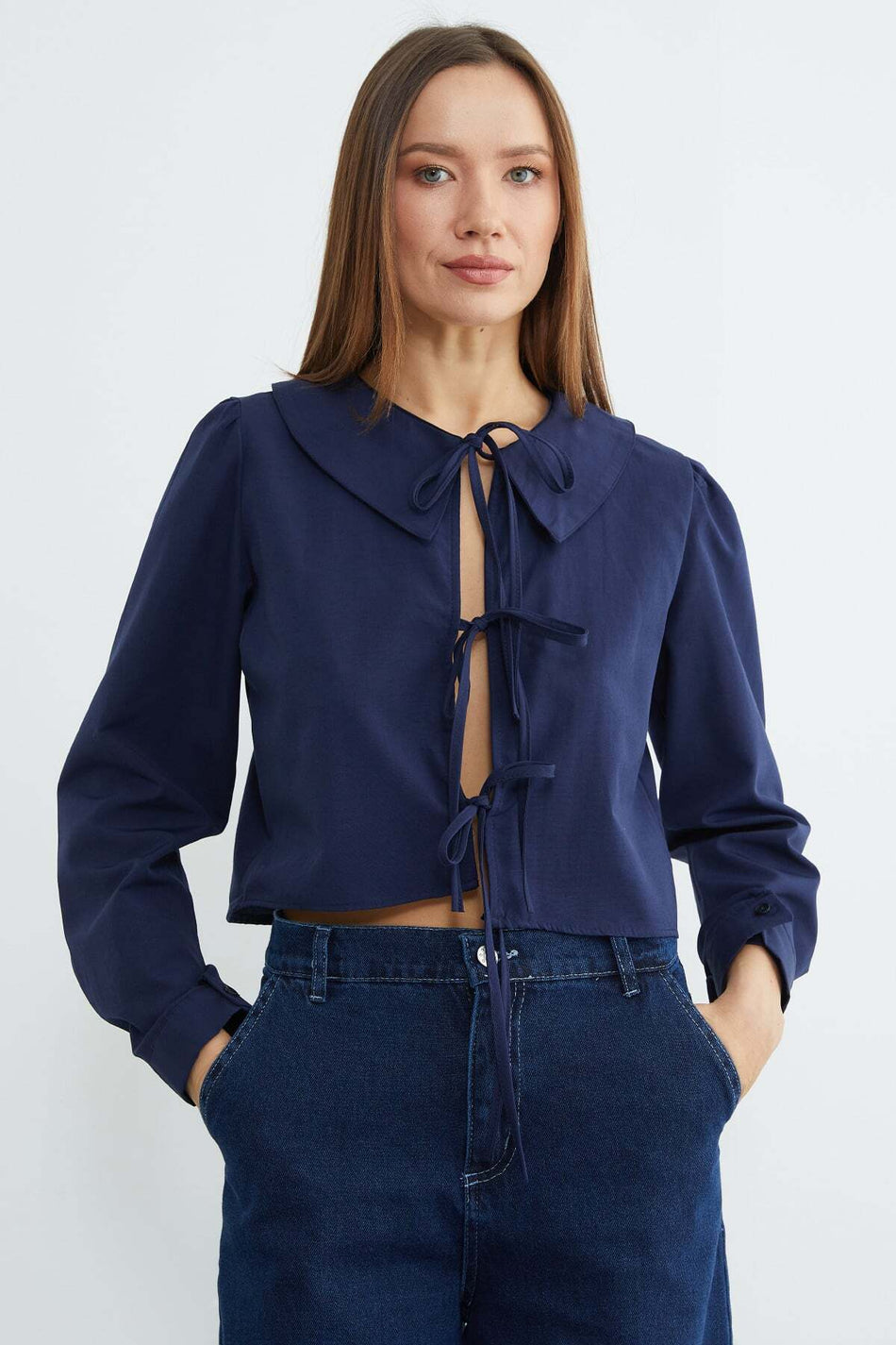 Front Tie Baby Collar Crop Blouse - MALLTURK
