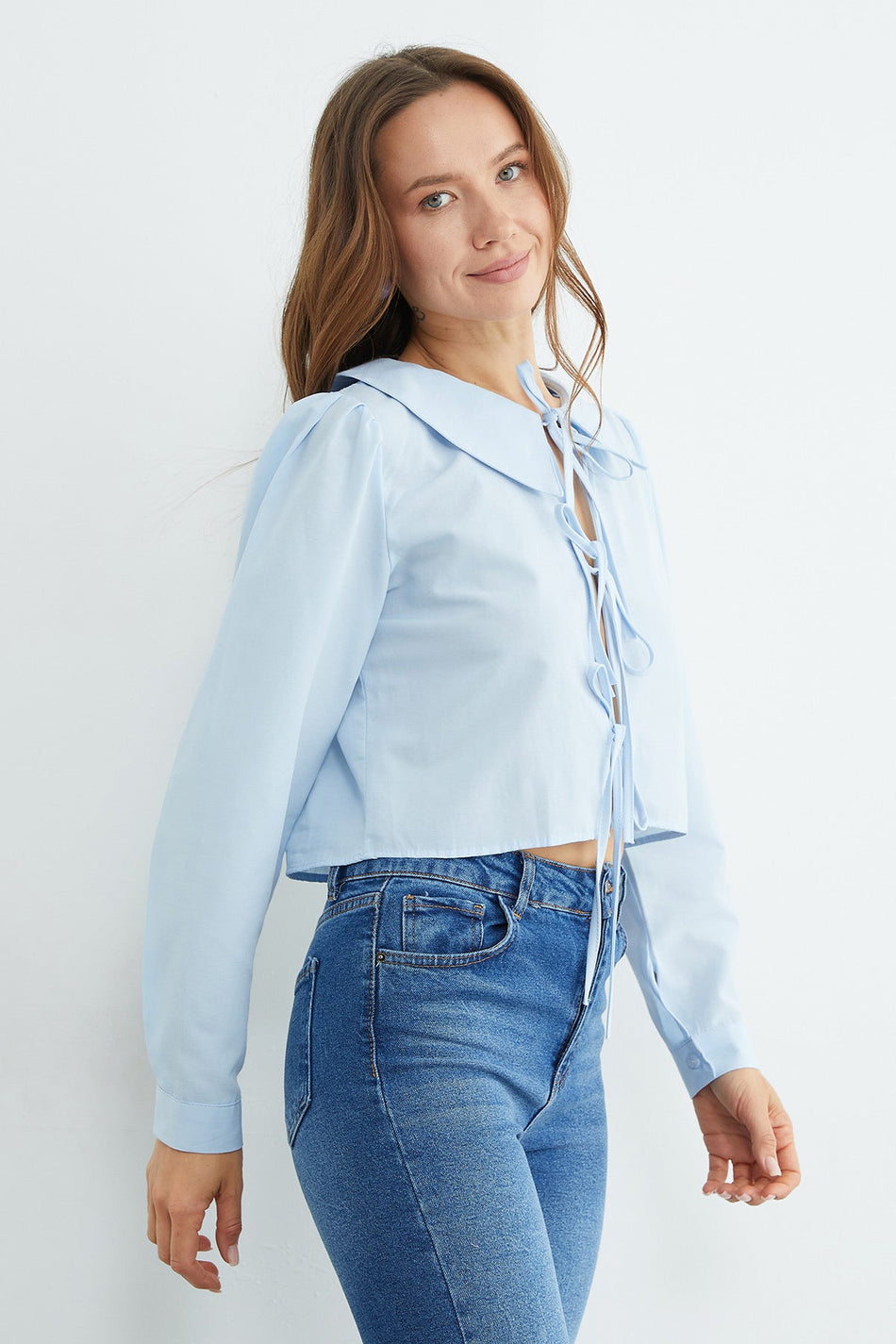 Front Tie Baby Collar Crop Blouse - MALLTURK