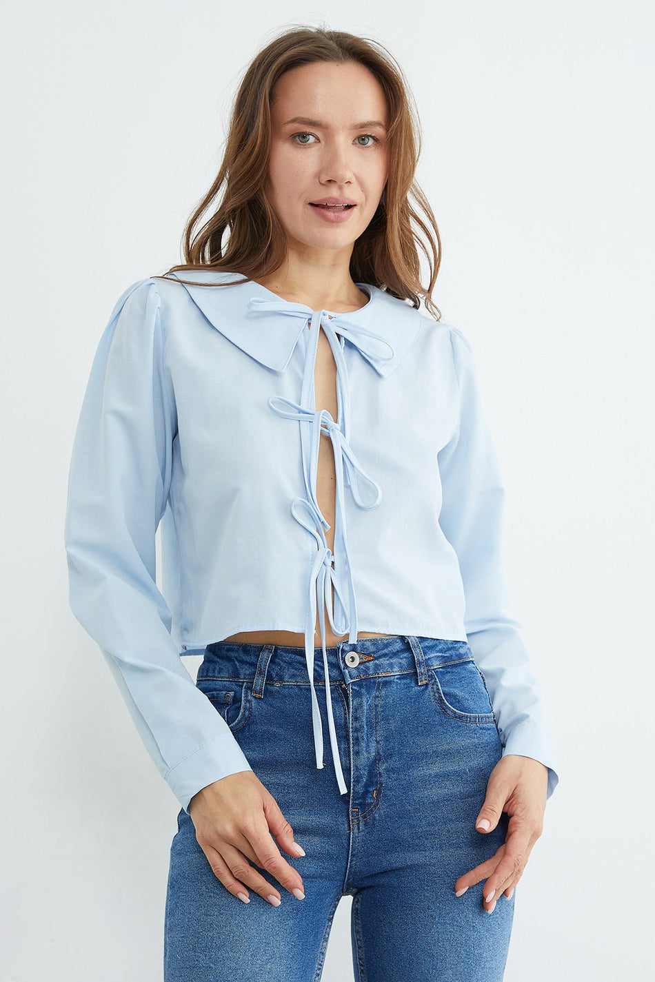 Front Tie Baby Collar Crop Blouse - MALLTURK