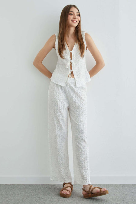 Front-Tie Textured Vest Set 2-Piece Set - MALLTURK