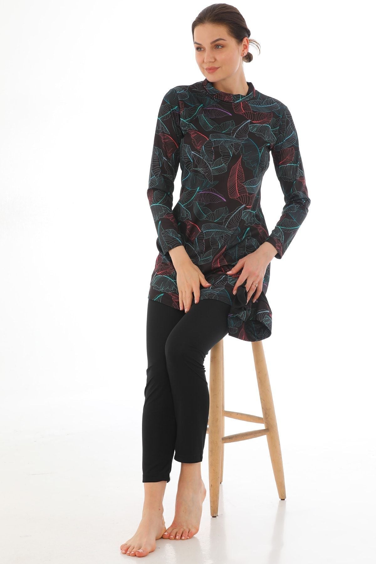 Full Covered Lycra Hijab Swimsuit Black Leaf - MALLTURK
