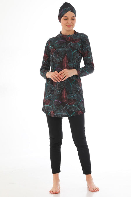 Full Covered Lycra Hijab Swimsuit Black Leaf - MALLTURK
