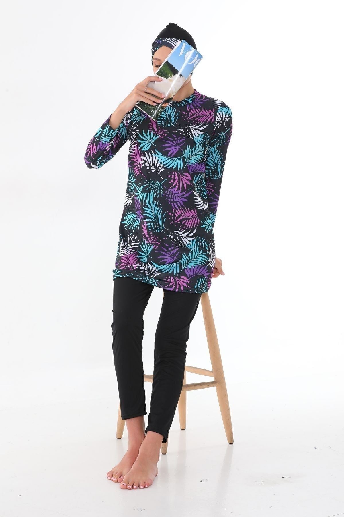 Full Covered Lycra Hijab Swimsuit Black Pink Leaf - MALLTURK