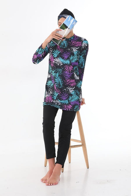Full Covered Lycra Hijab Swimsuit Black Pink Leaf - MALLTURK