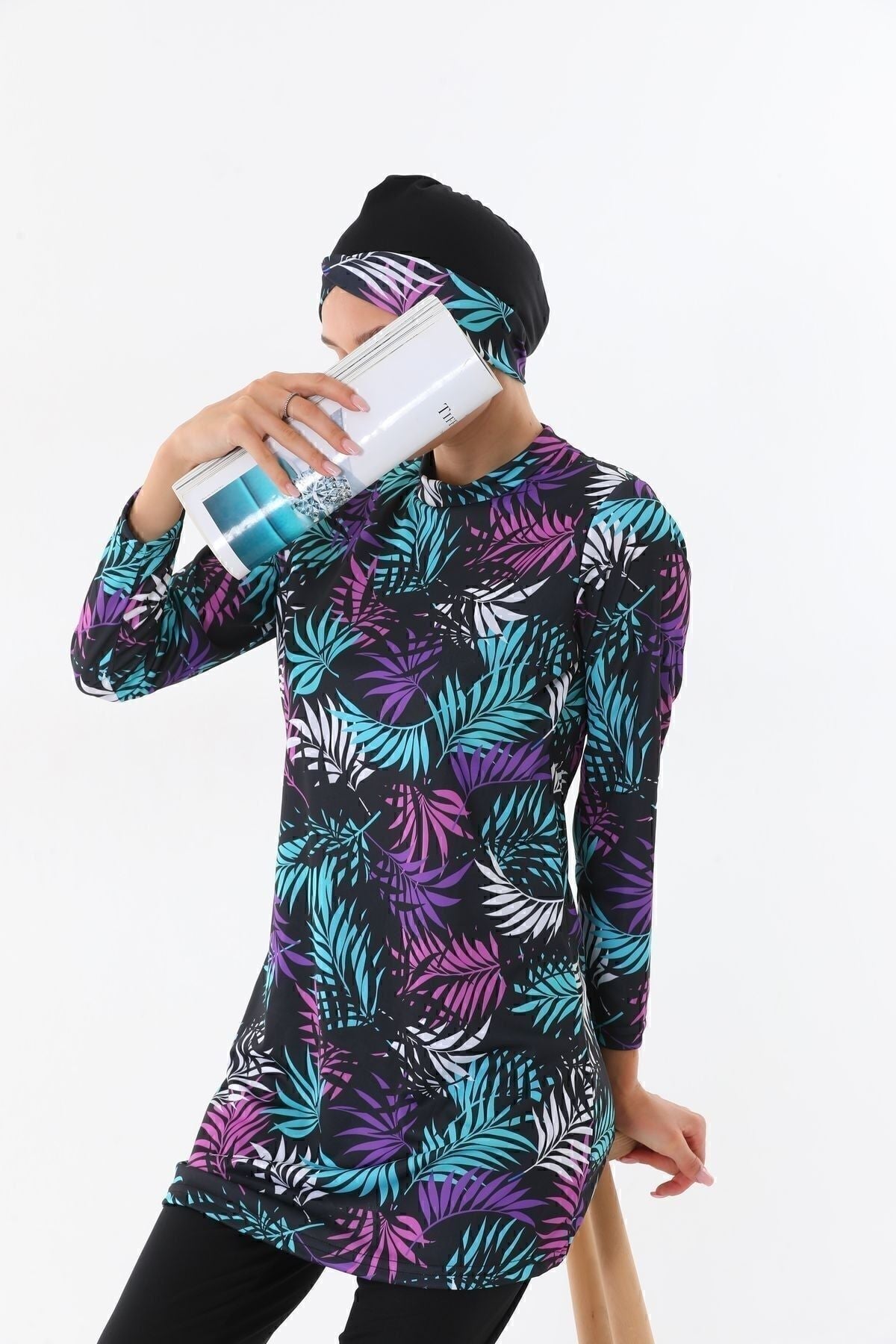 Full Covered Lycra Hijab Swimsuit Black Pink Leaf - MALLTURK