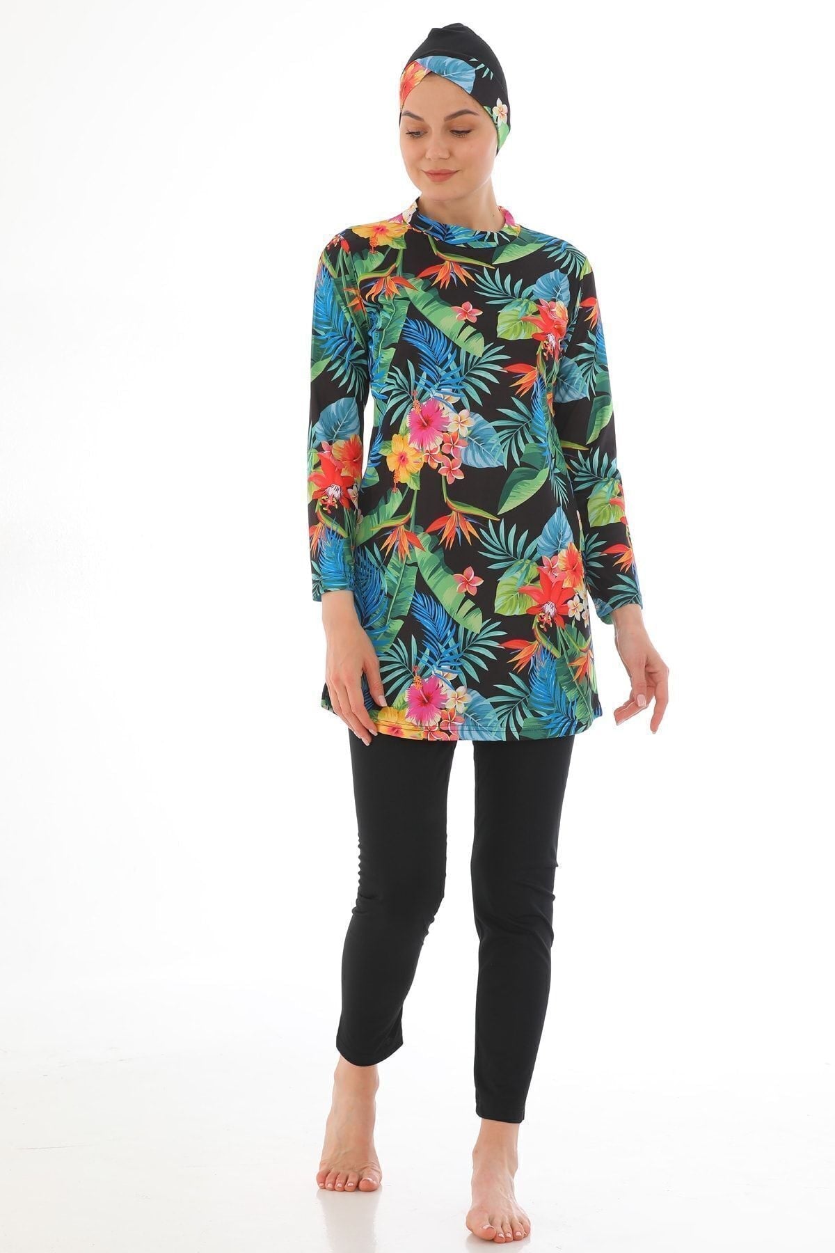 Full Covered Lycra Hijab Swimsuit Red Green Leaf - MALLTURK