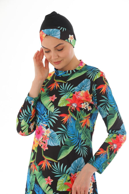 Full Covered Lycra Hijab Swimsuit Red Green Leaf - MALLTURK